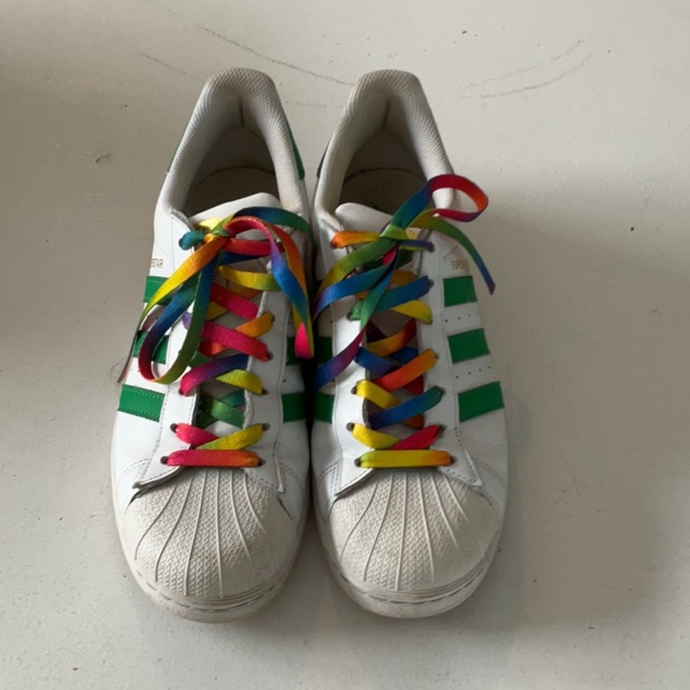 Adidas Superstar White and Green Sneakers with Rainbow Laces Size 9